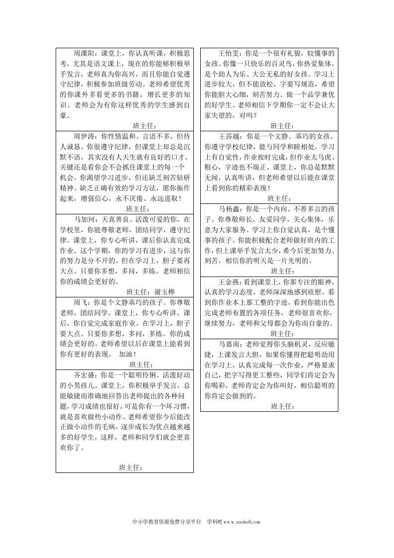 小学三年级班主任评语-魅影教务资源库