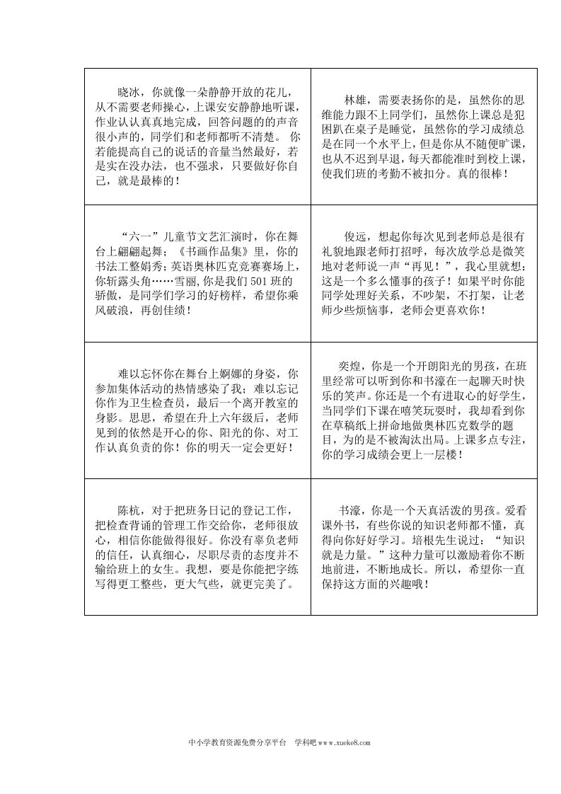 五年级小学生班主任期末评语02-魅影教务资源库