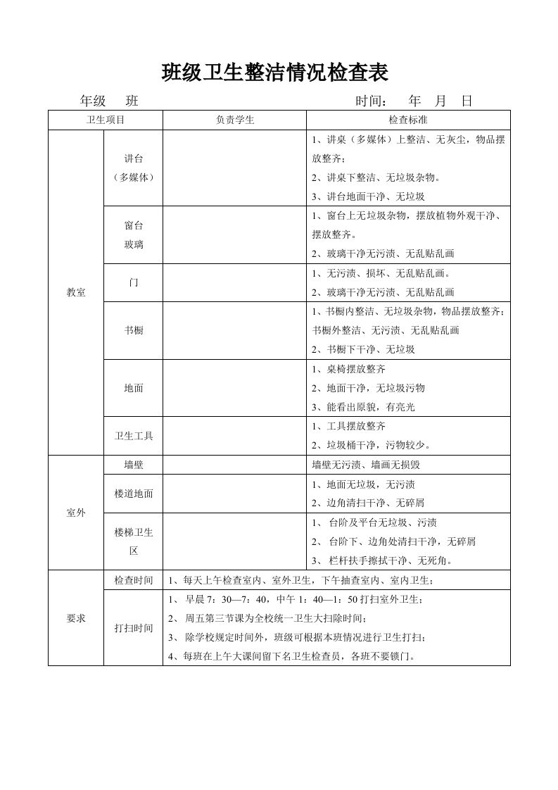 班级卫生整洁情况检查表-魅影教务资源库