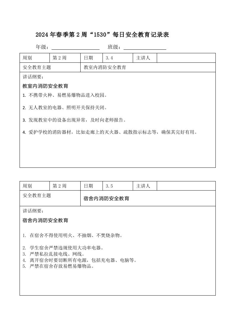 2024年春季第2周“1530”每日安全教育记录表内容资料参考-魅影教务资源库