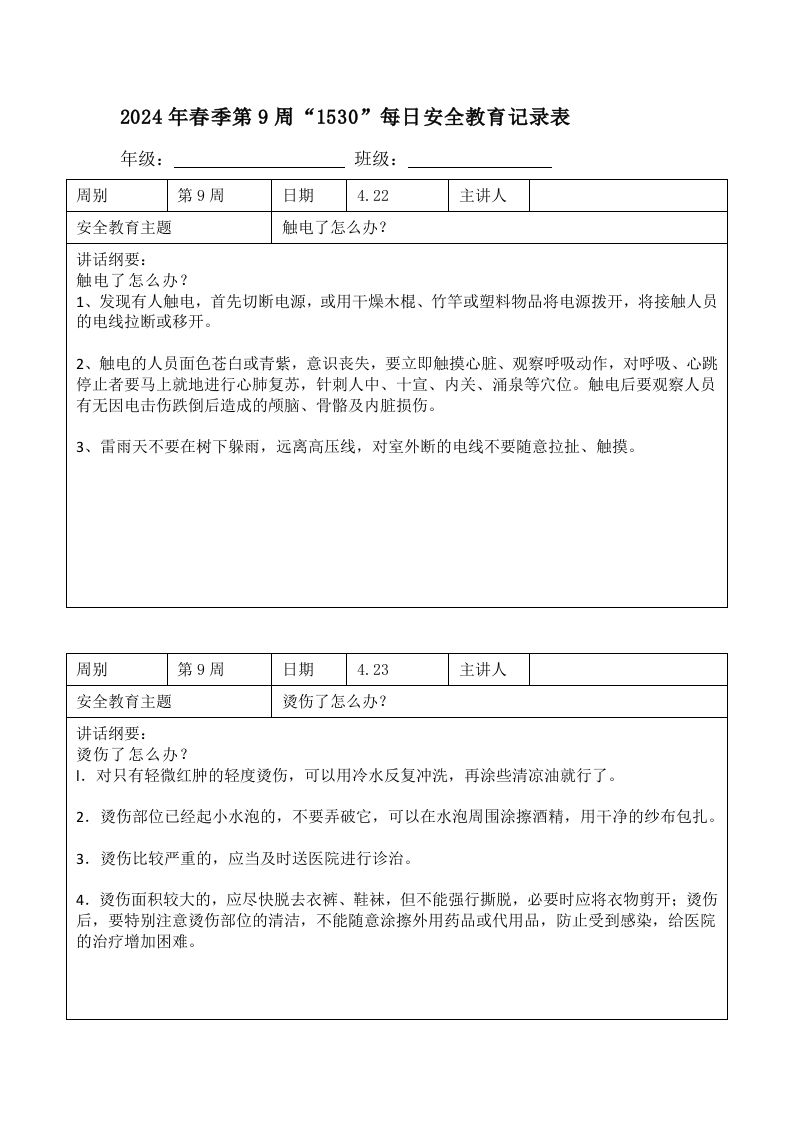 2024年春季第9周“1530”每日安全教育记录表内容资料参考-魅影教务资源库