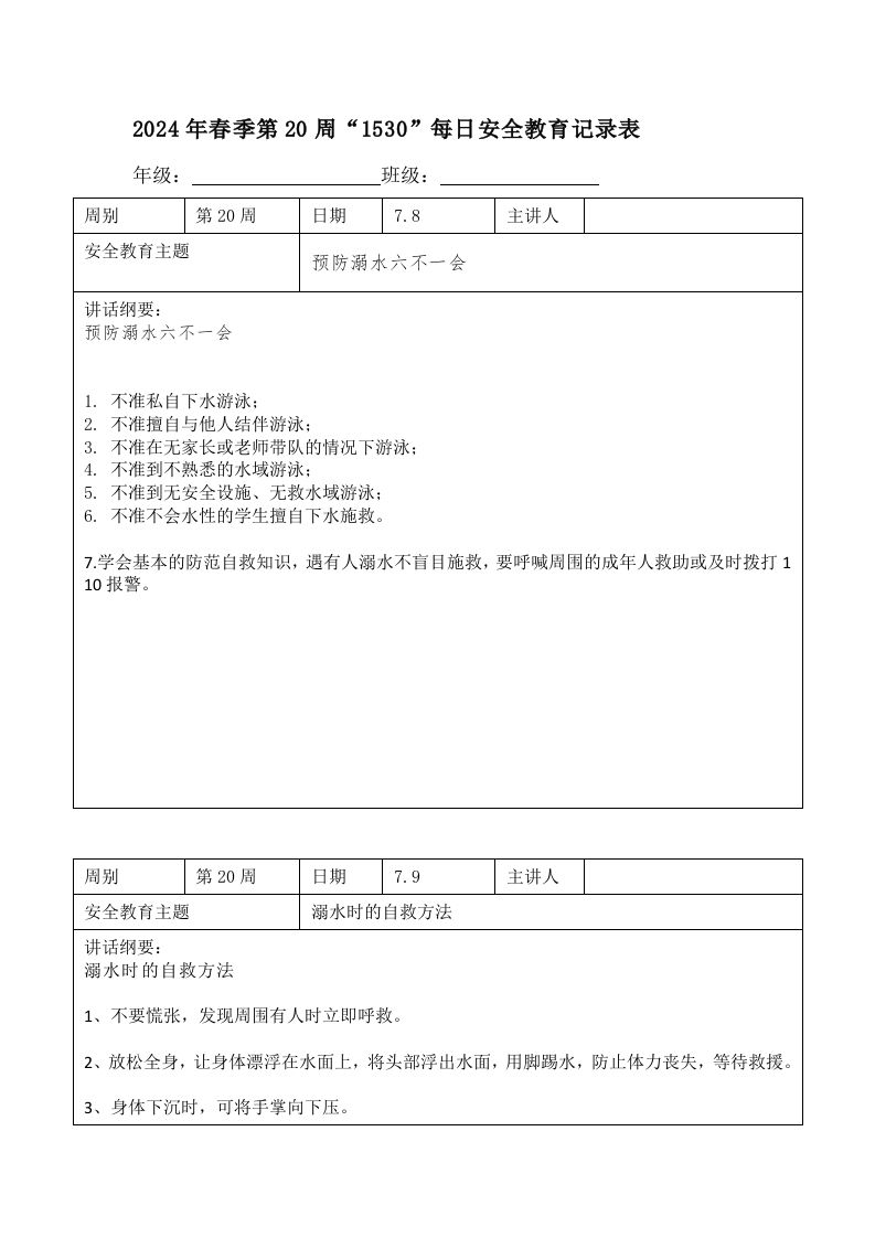 2024年春季第20周“1530”每日安全教育记录表内容资料参考-魅影教务资源库