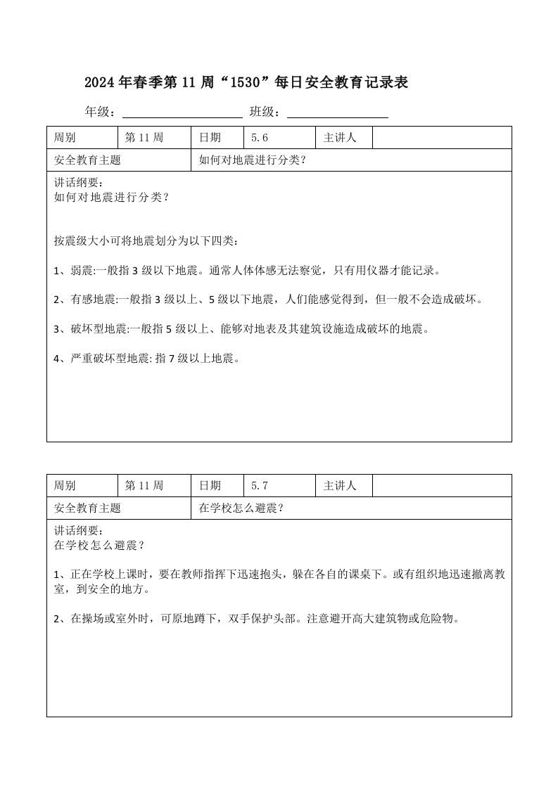 2024年春季第11周“1530”每日安全教育记录表内容资料参考-魅影教务资源库